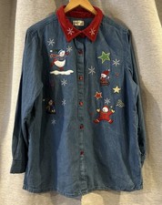 VTG Bobbie Brooks Embroidered Christmas Denim Shirt Women's Velvet Collar