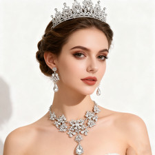 Luxury Tiara Earrings Necklace Wedding Crown Set for Women Wedding Bridal