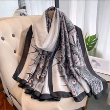 Peacock Print Scarf Wrap Colorfull, Long Shawl Neckerchief 180x90cm