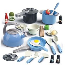 32Pcs Kids Play Kitchen Toys Set, Toddlers Pretend Cooking Playset 32 Pcs Blue