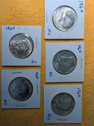 1964 Kennedy Half Dollars - 5 coins - 90% Silver - About Uncirculated - AU+