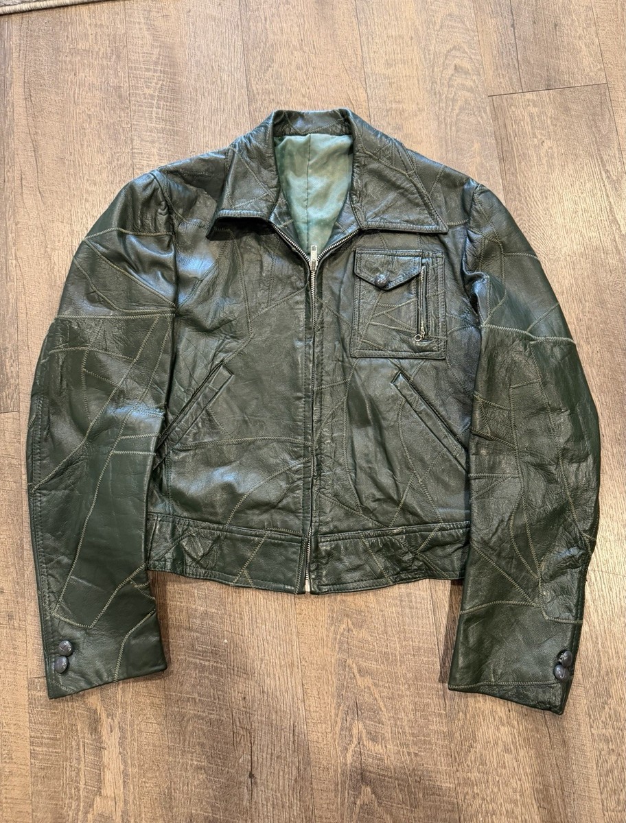 Vtg 60s 70s Patchwork Green Leather Jacket Cropped Motorcycle