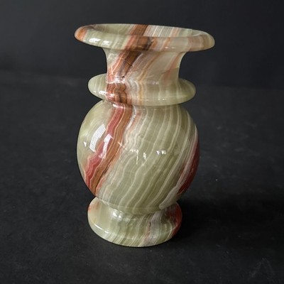 Vintage Green Onyx Marble Vase 4.75'' Hand Carved Banded Calcite As Is Repair