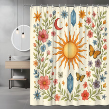 Boho Floral Shower Curtain with Sun and Butterflies, Colorful Design
