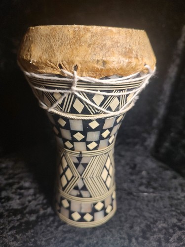 Vintage Inlaid Darbuka Doumbek Drum – Geometric Bone Mosaic – Middle Eastern Art