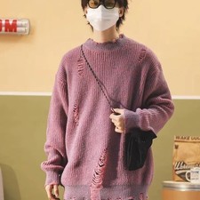 2025 Autumn Hip Hop Ripped Sweaters For Man Korean Fashion Solid Color Retro Kni