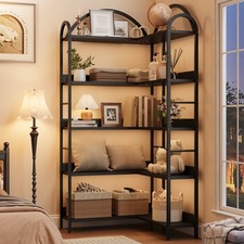 5-Tier Large Arched L-Shaped Corner Bookcase Storage Display Shelf Black