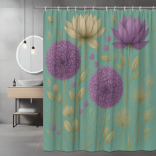 Floral Shower Curtain in Purple and Gold on Teal Background