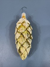 4 1/2" GOLD PINECONE WITH WHITE GLITTER HAND BLOWN CHRISTMAS ORNAMENT