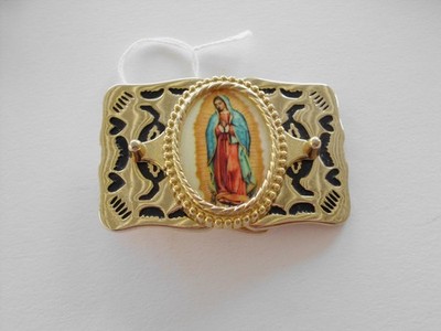 Belt Buckle Our Lady of Guadalupe Gold & Black Made in USA Style C