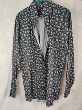 J Ferrar Stretch Large Shirt 16-16.5 34-35 Black Floral Button Up Long Sleeve