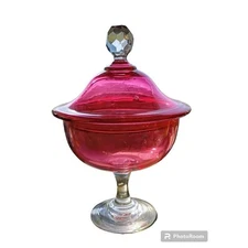 Cranberry Glass Covered Stained Candy Dish Compote w/ Diamond Handle,