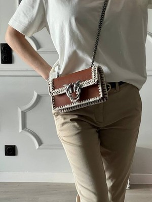 Auth SALE NWT Pinko LOVE MINI ICON STITCHED BUBBLE Brown Crossbody Leather Boho