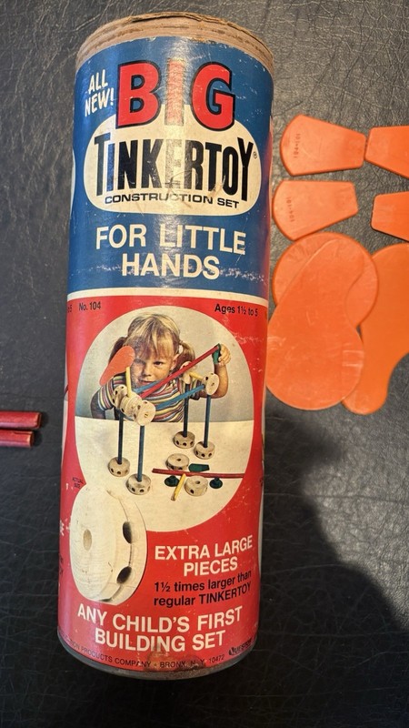 Vintage Big Tinkertoy Construction Set For Little Hands With Shown Parts Only