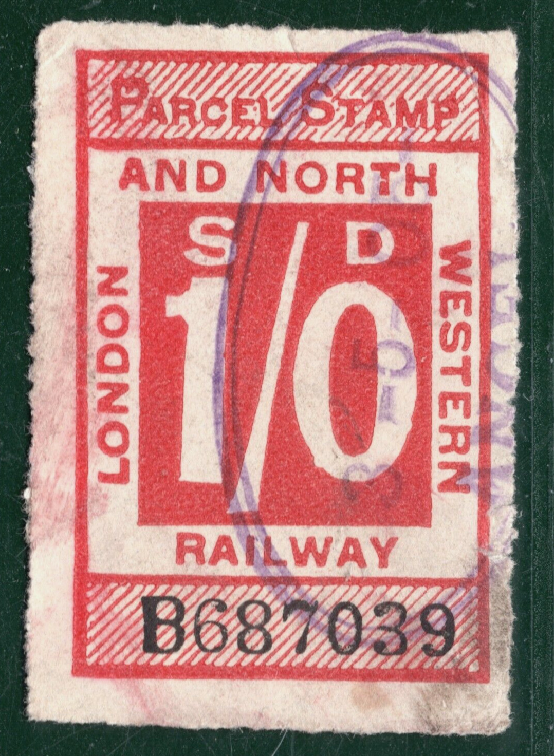 GB London L&NWR RAILWAY Parcel Stamp 1s *ANGEL* (ISLINGTON) STATION 1905 YOW53