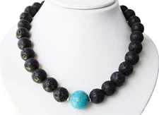 Beautiful Necklace Made of Gemstones Lava Ø-14 MM And Turquoise (Howlite) Ø-16