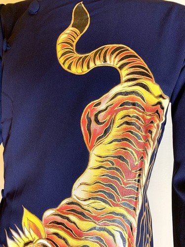 Navy Blue Tiger Ao Dai for men, Hand Painted Vietnamese Dress for Men - Picture 3 of 4