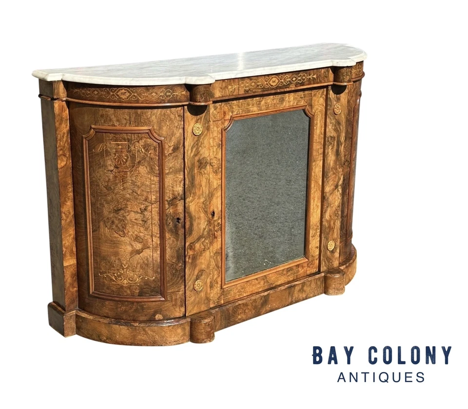 CONSOLA SUPERIOR VICTORIANA DE MÁRMOL CON INCRUSTACIONES DE NOGAL BURLADO Y MARQUETERÍA CON PUERTA ESPEJADA Foto 2 de 4