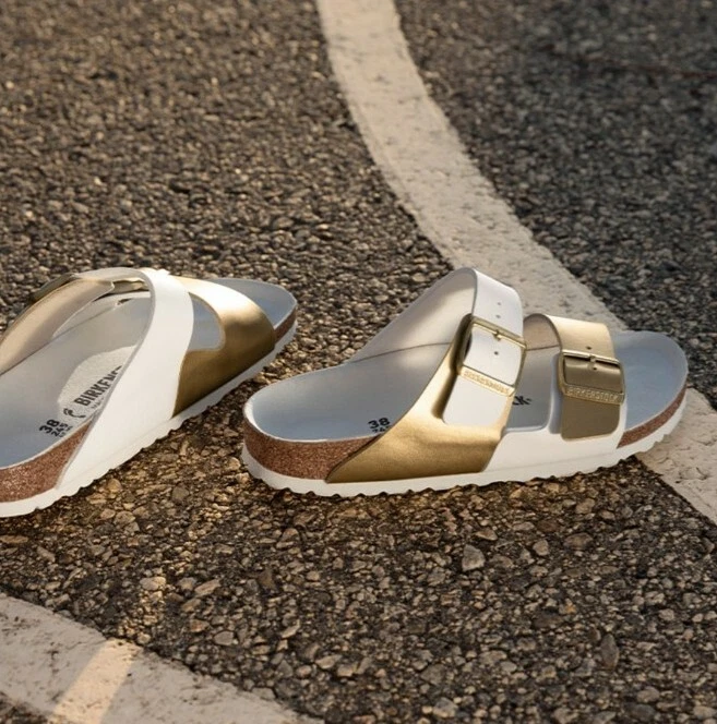 Birkenstock Arizona Split White/Gold Women's Sandals Birko-Flor