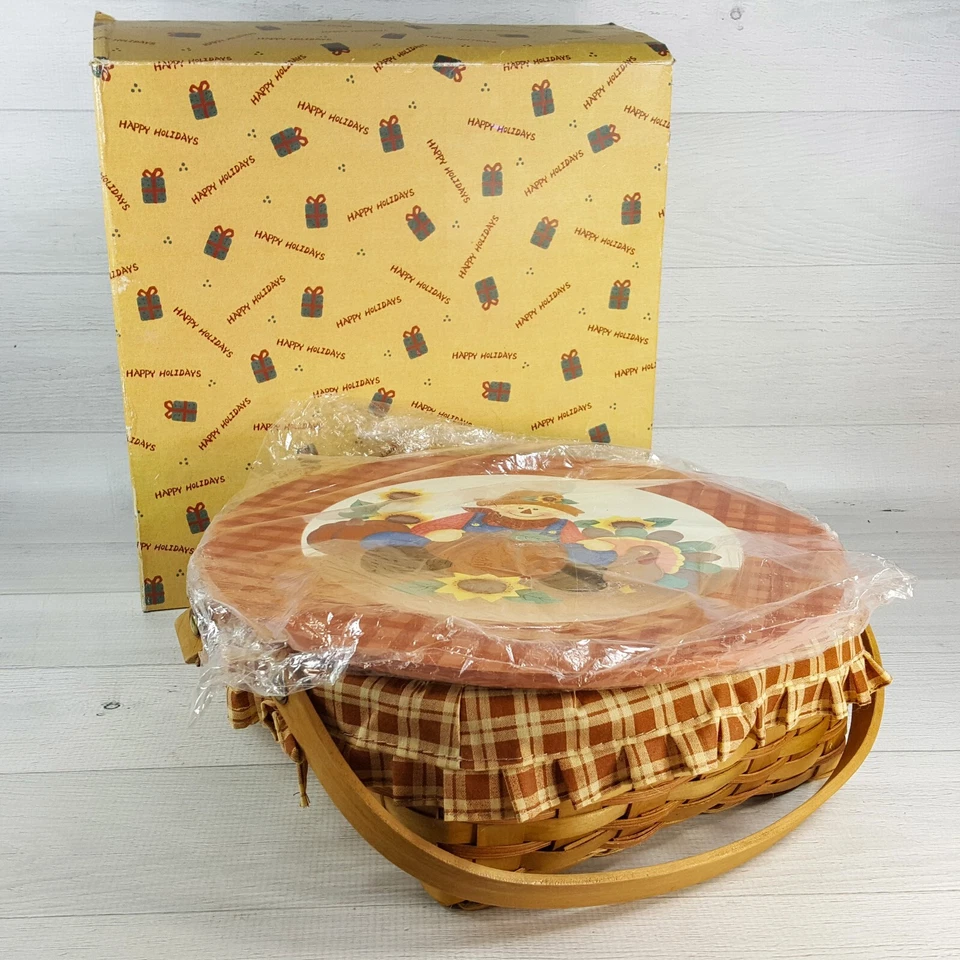 Fall Pumpkin Thanksgiving Harvest 12" Round Wicker Basket Wood Lid & Plain Liner - Image 2 of 4