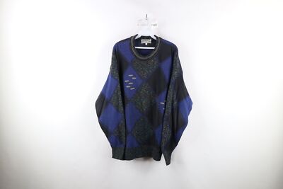 Vintage 90s Coogi Style Mens Medium Ed Bassmaster Rainbow Diamond Knit Sweater