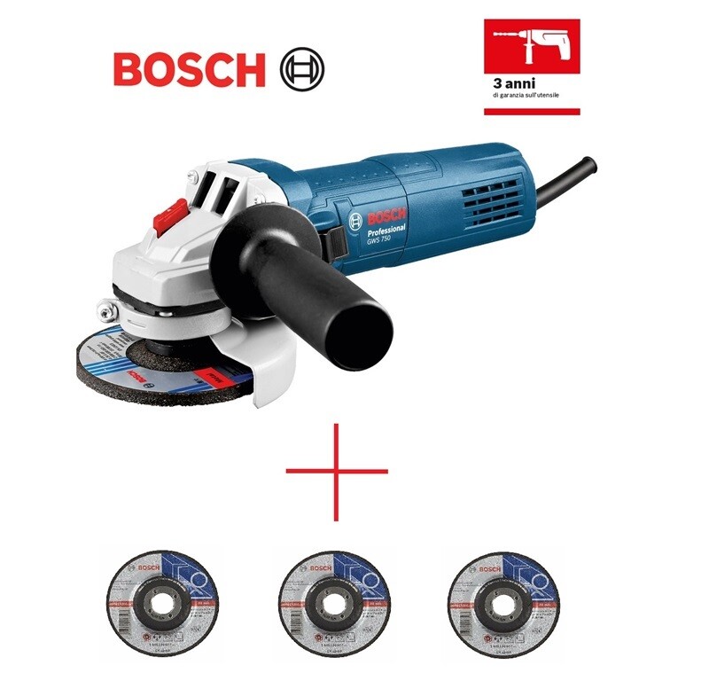 BOSCH GWS 750 SMERIGLIATRICE ANGOLARE PICCOLA PROFESSIONALE 750 WATT + 3 DISCHI