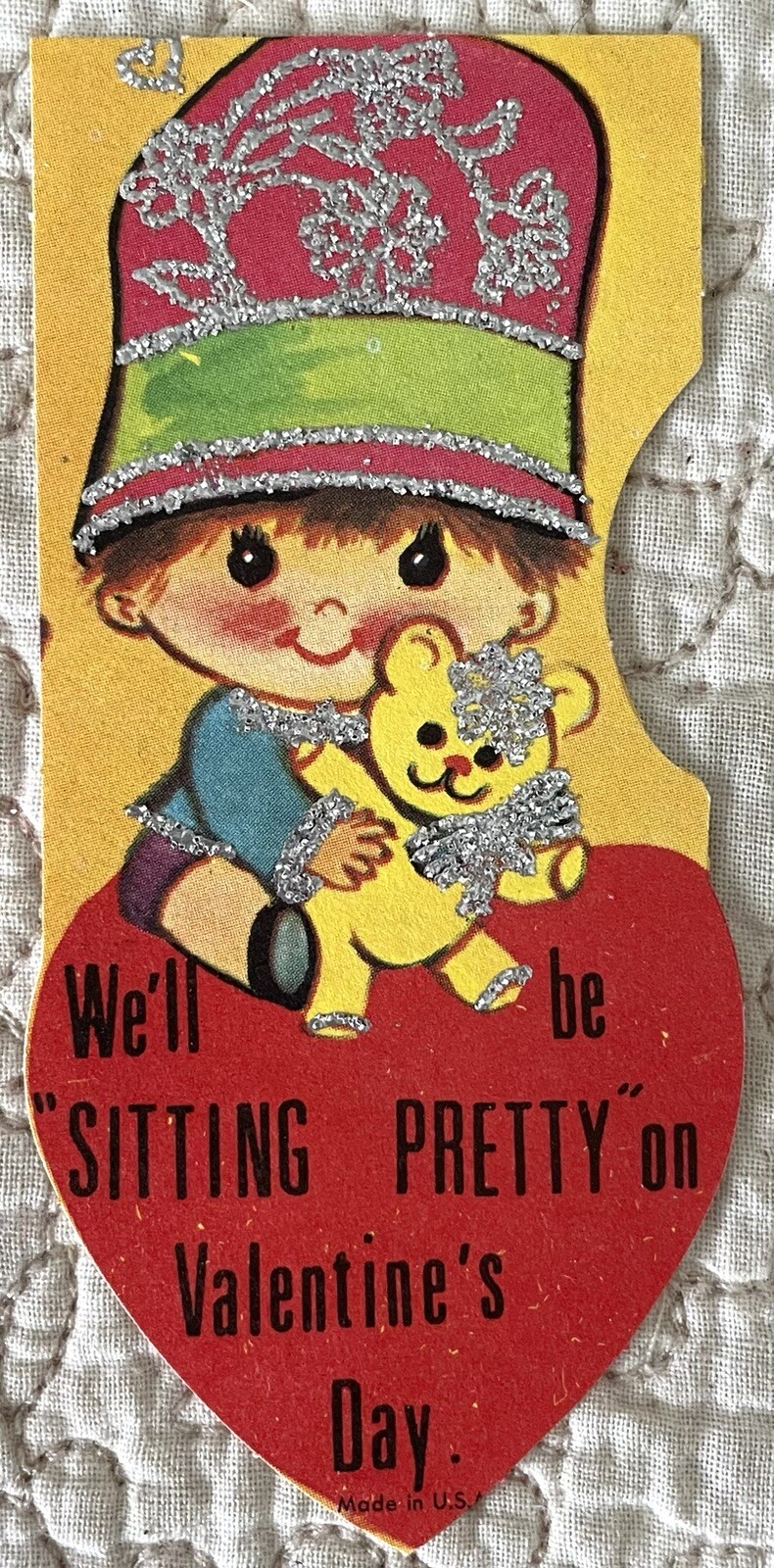 Unused Valentine Boy Hold Teddy Bear Sit Pretty Glitter Vtg Greeting Card 1960s