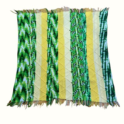 Vtg Handmade Crochet Green Yellow White Striped Afghan Lap Blanket Fringe Retro