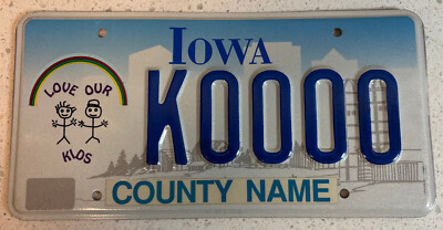 Vintage Iowa Sample County Name License Plate K0000 Love Our Kids