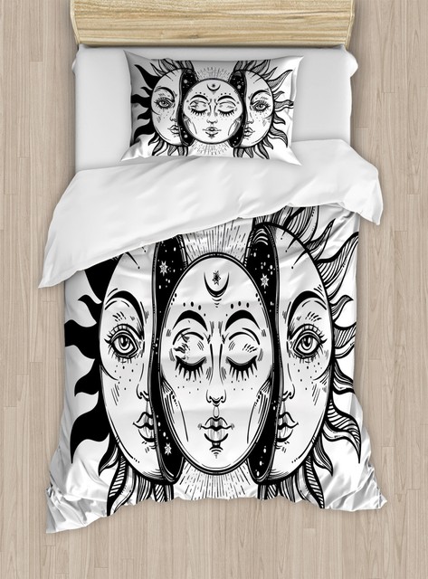 Moon Duvet Cover Set With Pillow Shams Monochrome Sun And Moon