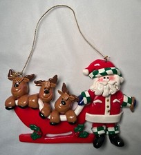 Santa with Reindeer in Sleigh Hanging Christmas Ornament Polymer Clay Dough 6x4