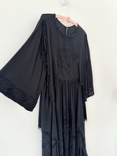 Antique Edwardian Heavily Beaded Silk Chiffon/Fringe Trim Dress Art Deco Sz S