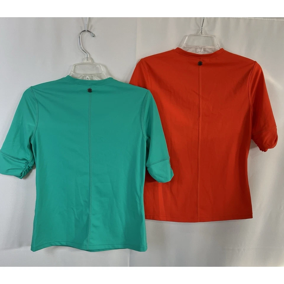 Pullover Prana Breathe Manga Corta 2 Camisas Mujer Pequeño Naranja/Verde 1/4 Cremallera Foto 3 de 4