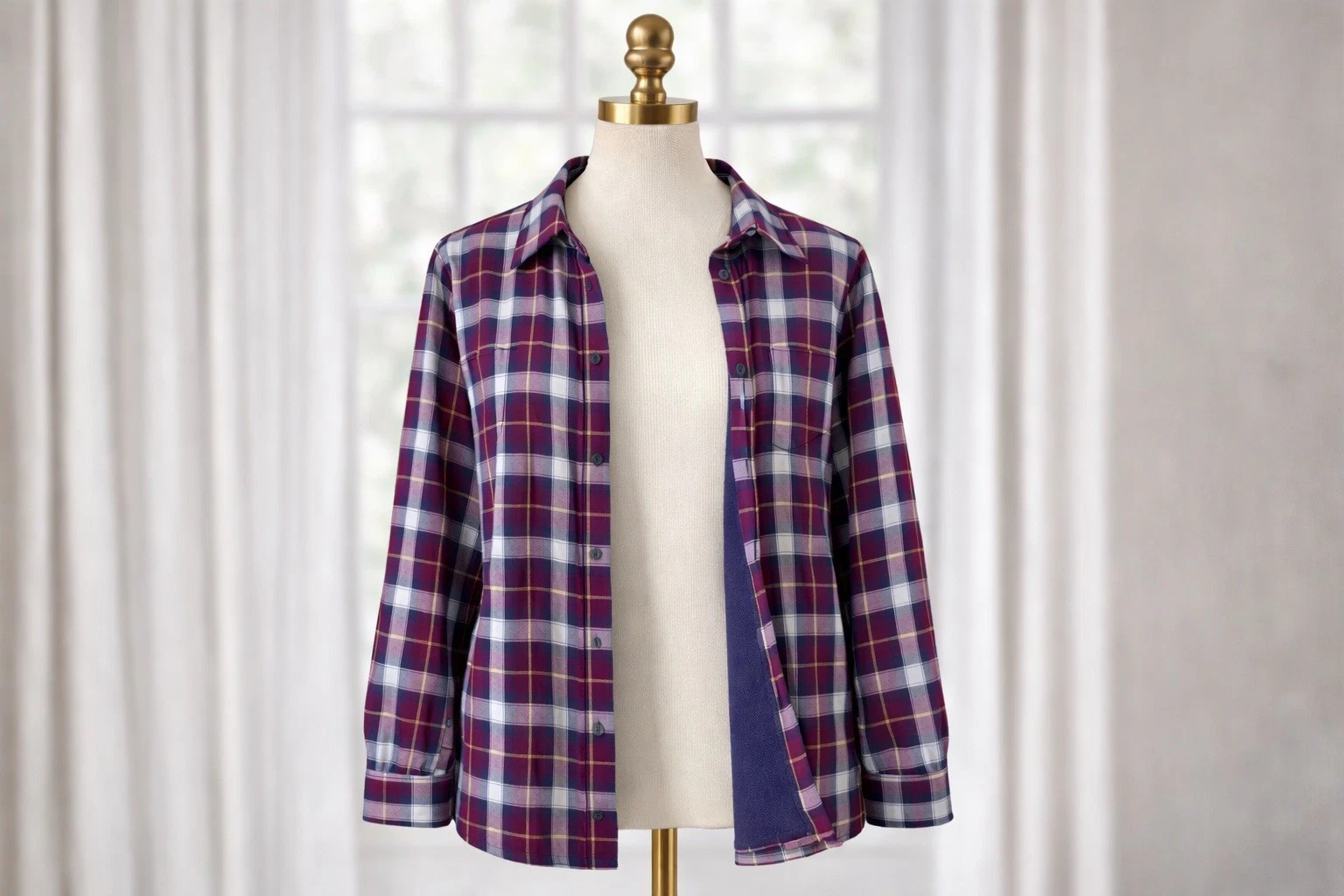 LL Bean Button Shirt Pink Navy Plaid Fleece Lined Flannel Shirt Jacket Size M