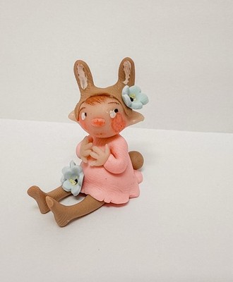 Miniature Polymer Clay Rabbit Gnome With Blue Flowers Figure 1.2 