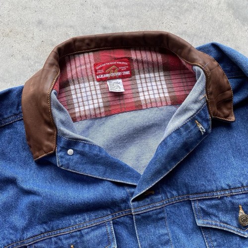 Marlboro Country Store Denim Jacket XL Flannel Lined Leather Collar 90s VTG - Picture 2 of 6