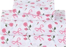 Pink Floral Queen Bed Sheets, Cozy Microfiber Flower Printed Sheets with 15 Deep