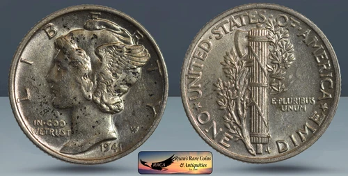1941 Mercury Dime, Uncirculated Condition, Ryan's Rare Coins & Antiquities C8360