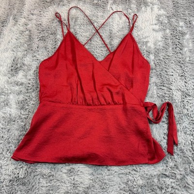 Express Blouse Top Women's M Red Polyester Cropped Spaghetti Strap Surplice Neck