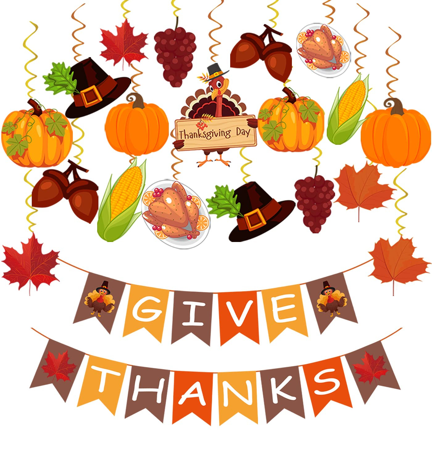 42Pcs Pre-Assembled Thanksgiving Hanging Decor Kit with GIVE THANKS Banner and Swirls