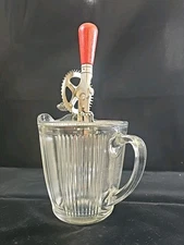 Vintage A&J Ekco Ribbed Glass Pitcher #7216 w/ A&J Ekco Red Handled Hand Mixer