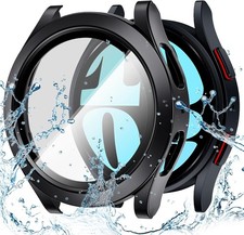 44mm Galaxy Watch 6 Bumper Case in Black, Waterproof Hard Cover with Tempered Gl