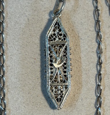 VTG Sterling Silver Yemenite Filigree Mezuzah Pendant Necklace 19.75  Judaica