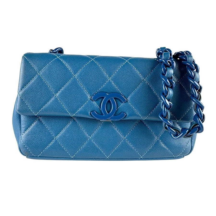 Chanel — Auth CHANEL Chain Shoulder Bag Blue Leather/Metal - z8482