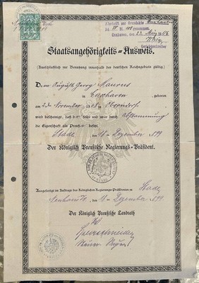 Staatsangehörigkeitsausweis Königreich Preußen 1899 Stade Neuhaus Fiskalmarke