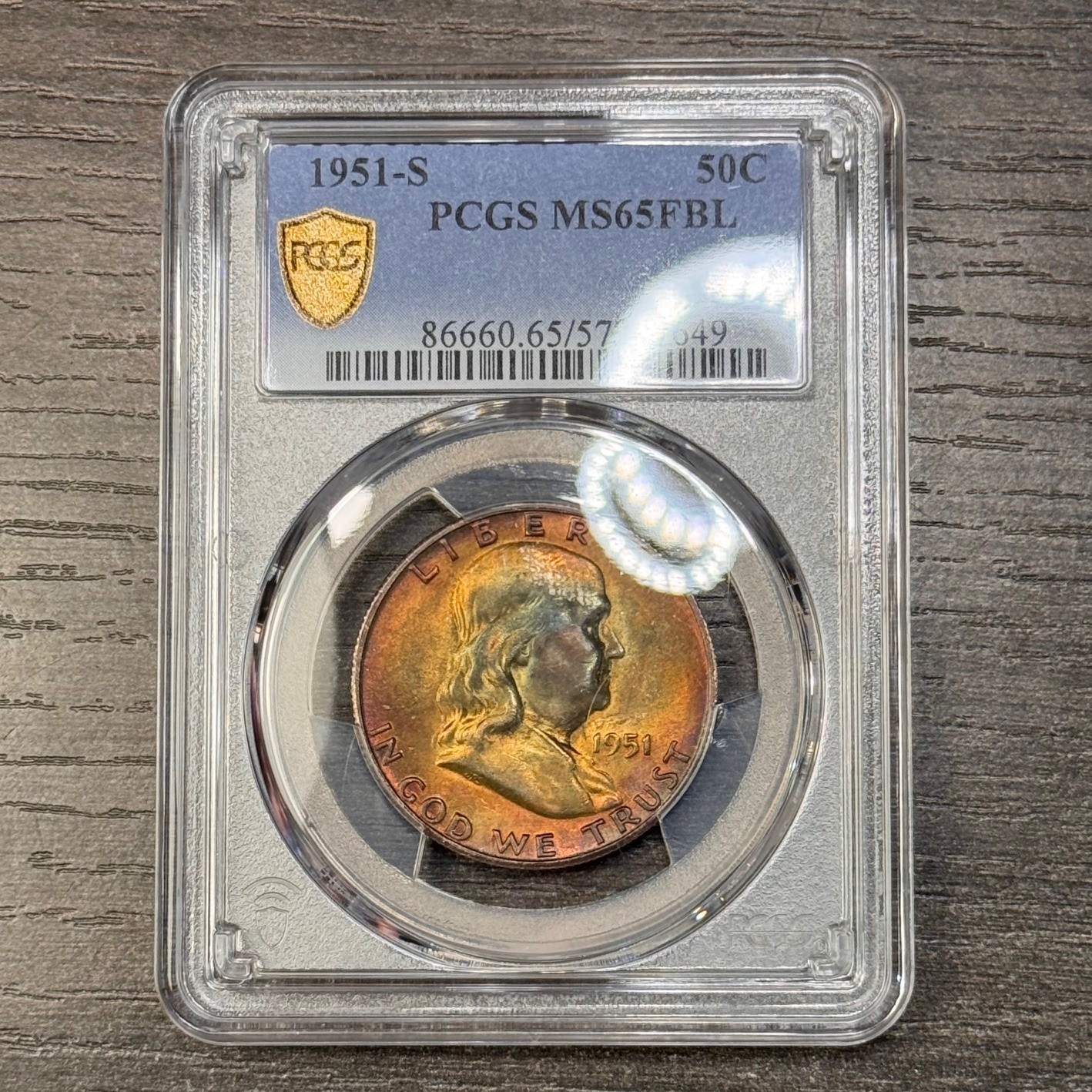 MS65FBL 1951-S 50C Franklin Silver Half Dollar, PCGS Trueview- Rainbow Toned