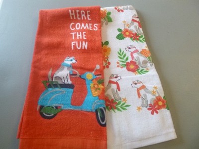 Here Comes The Fun (With Dog & Flowers)- 2 Kitchen Tea Towels - New Without Tags