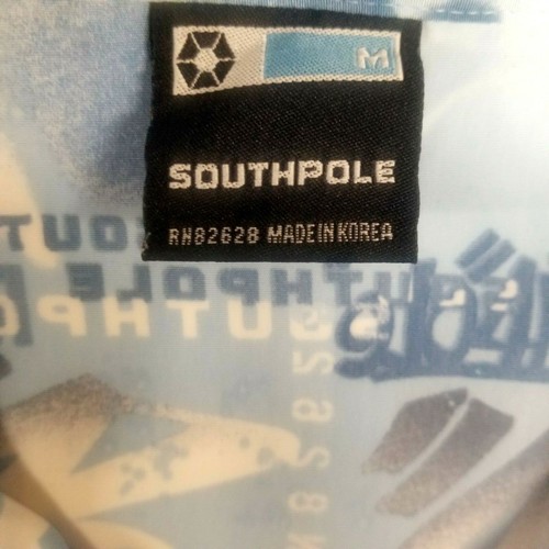 Southpole Mens Medium Blue White Spellout Short Sleeve Button Hawaiian Shirt - Picture 2 of 5