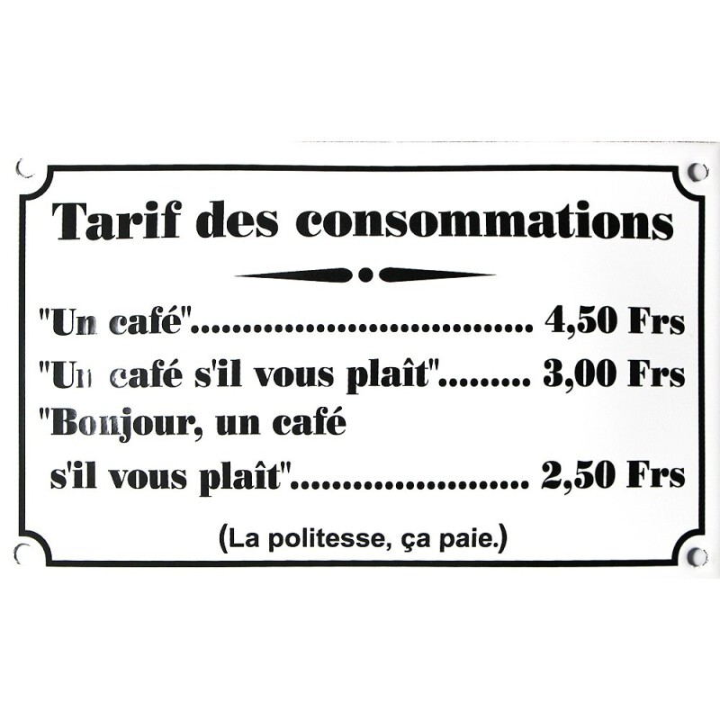 Plaque émaillée humour TARIF DES CONSOMMATIONS pour décoration bar et cuisine