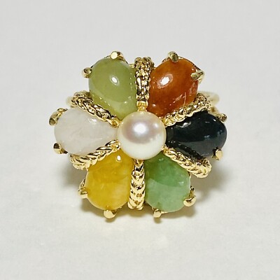 14K Yellow Gold Multicolor Jade Pearl Flower Size 7.25 Ring 8.2g